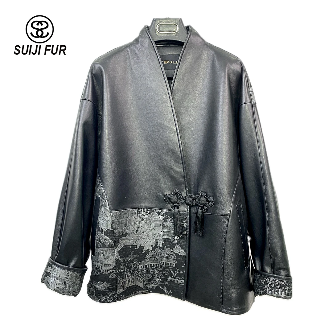 SUIJI/随机中式国潮气质时尚真皮绵羊皮衣春季百搭国潮皮衣女外套