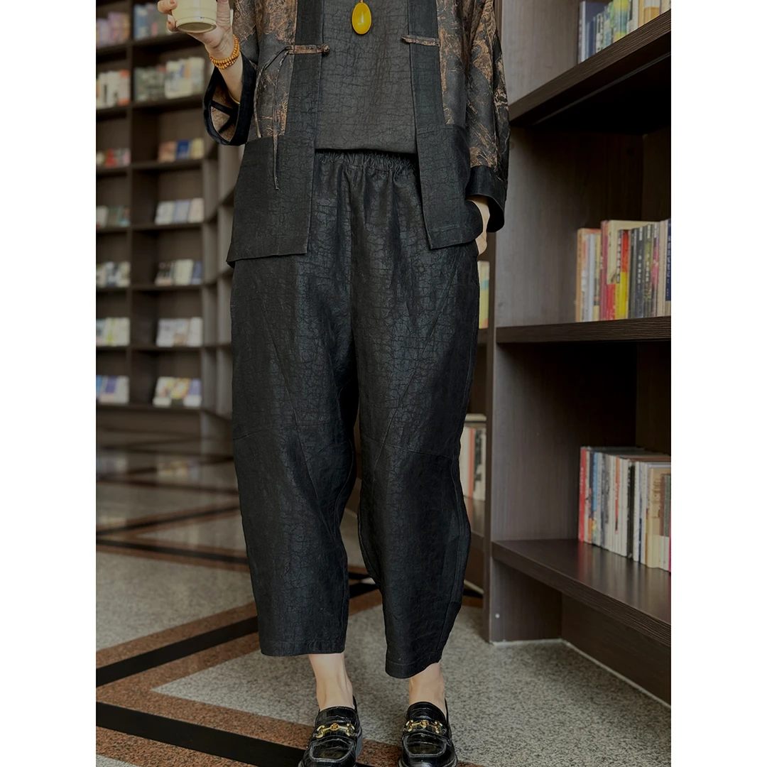 女士香云纱桑蚕丝萝卜裤中国风大码休闲复古宽松夏季九分裤BL2463