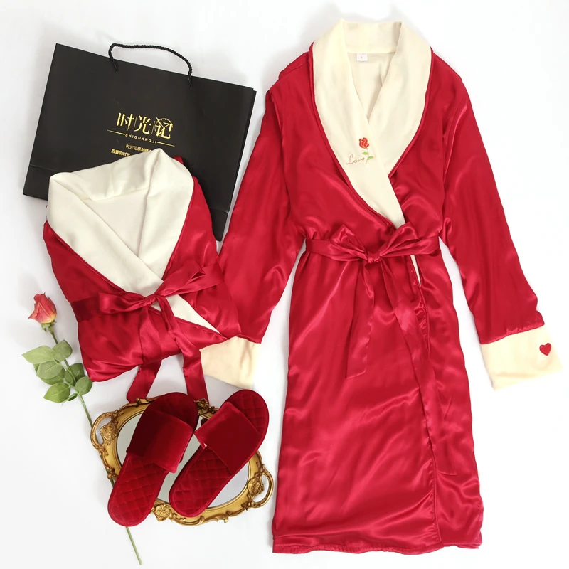 时光记新品睡衣厚款珊瑚绒睡袍情侣结婚红色新娘性感晨袍刺绣送礼