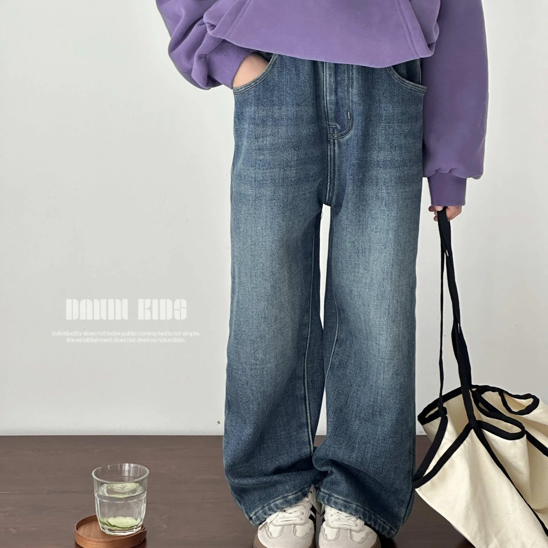 【嗒囜】女童时尚百搭水洗加绒牛仔裤长裤中大童保暖休闲宽松裤子