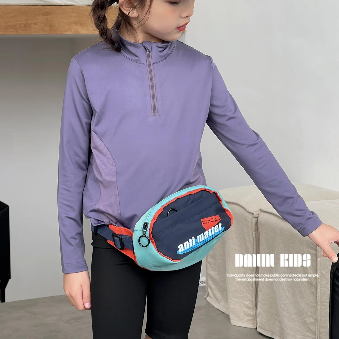 【嗒囜】240222 女童夏季轻薄时尚运动长袖上衣半拉链套头修身长T