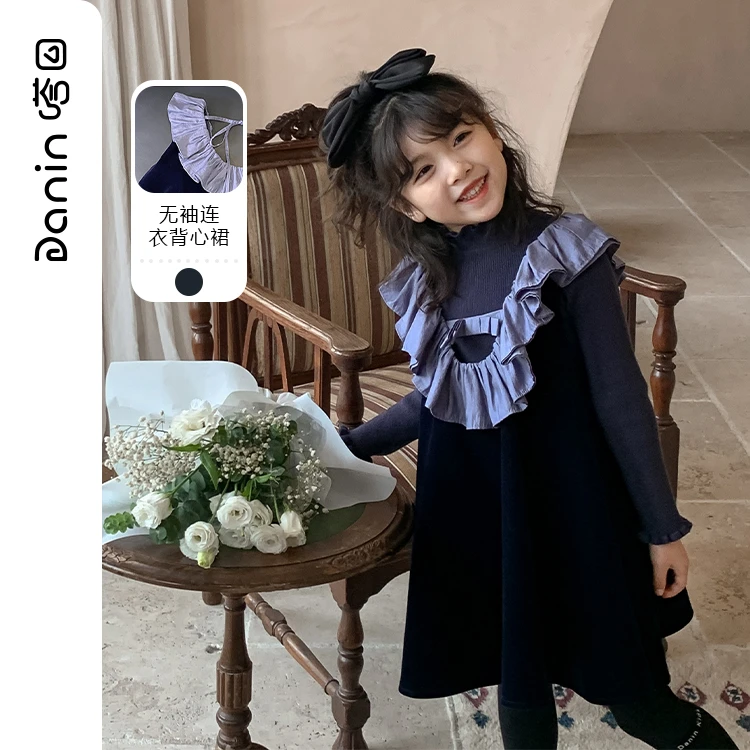 【嗒囜】女童木耳边大领口丝绒背心连衣裙春秋季儿童甜美无袖裙子