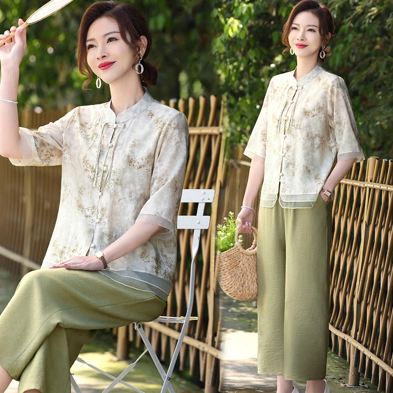 【上衣+裤子】2025中老年女装夏装短袖上衣新款妈妈装减龄国风小衫