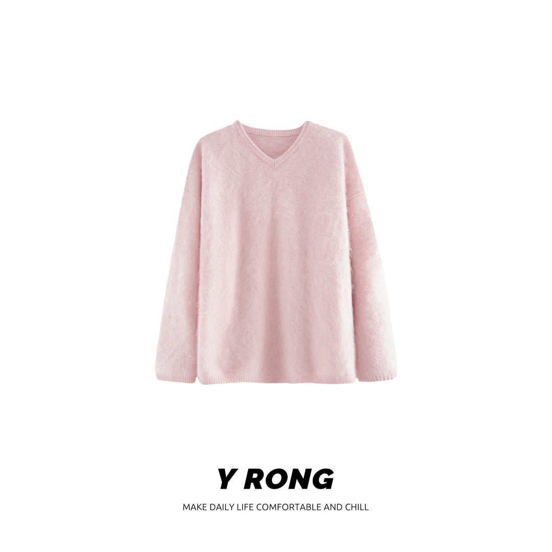 【YR】“白日梦想” 康赛妮100羊绒 拉毛慵懒御寒V领宽松套头衫