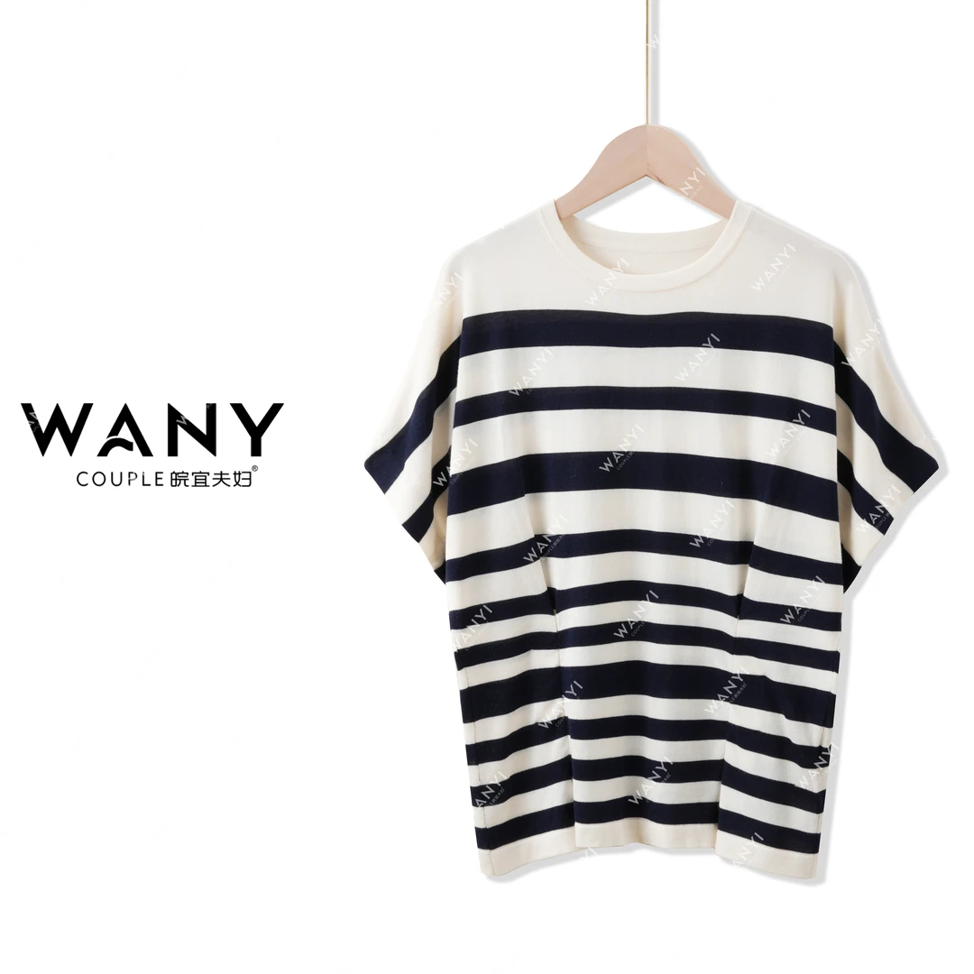 【皖宜2号店】圆领条纹5分袖夏季新品落肩袖捏褶设计针织短袖