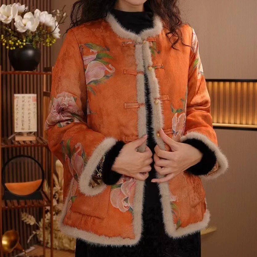 【橙云染彩】冬季毛领丝棉服新中式重工刺绣上衣2024d3876曼玉