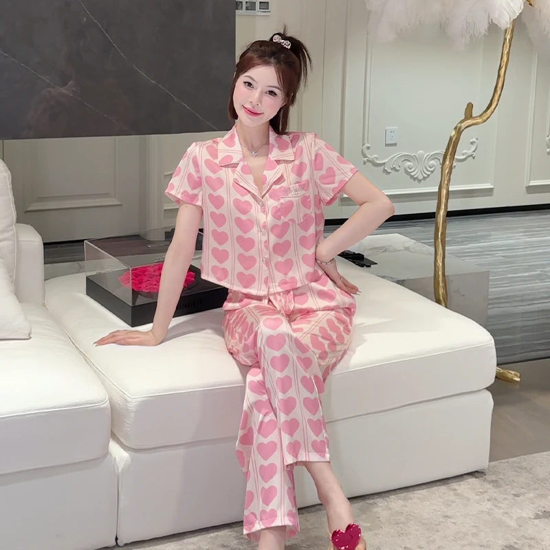 DIMDEVL/汀黛怦然心动粉色爱心甜美春夏柔光缎家居服睡衣三件套