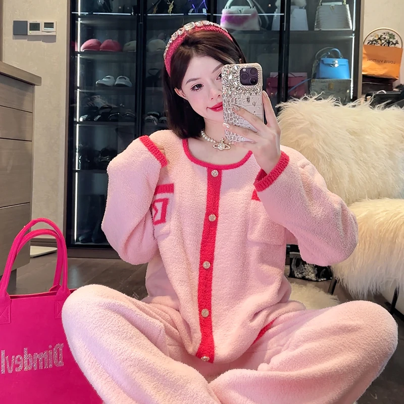 DIMDEVL/汀黛粉红乐园玫红粉秋冬半边绒睡衣家居服套装宽松保暖