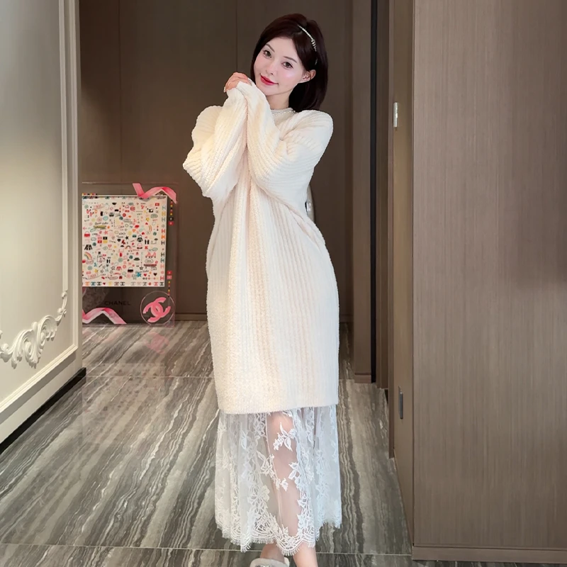 DIMDEVL/汀黛珍珠链圆领套头宽松加厚保暖半边绒睡裙家居服可外穿