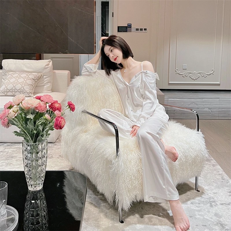 DIMDEVL/汀黛轻奢醋酸睡衣套装白色家居服睡衣两件套显瘦法式外穿