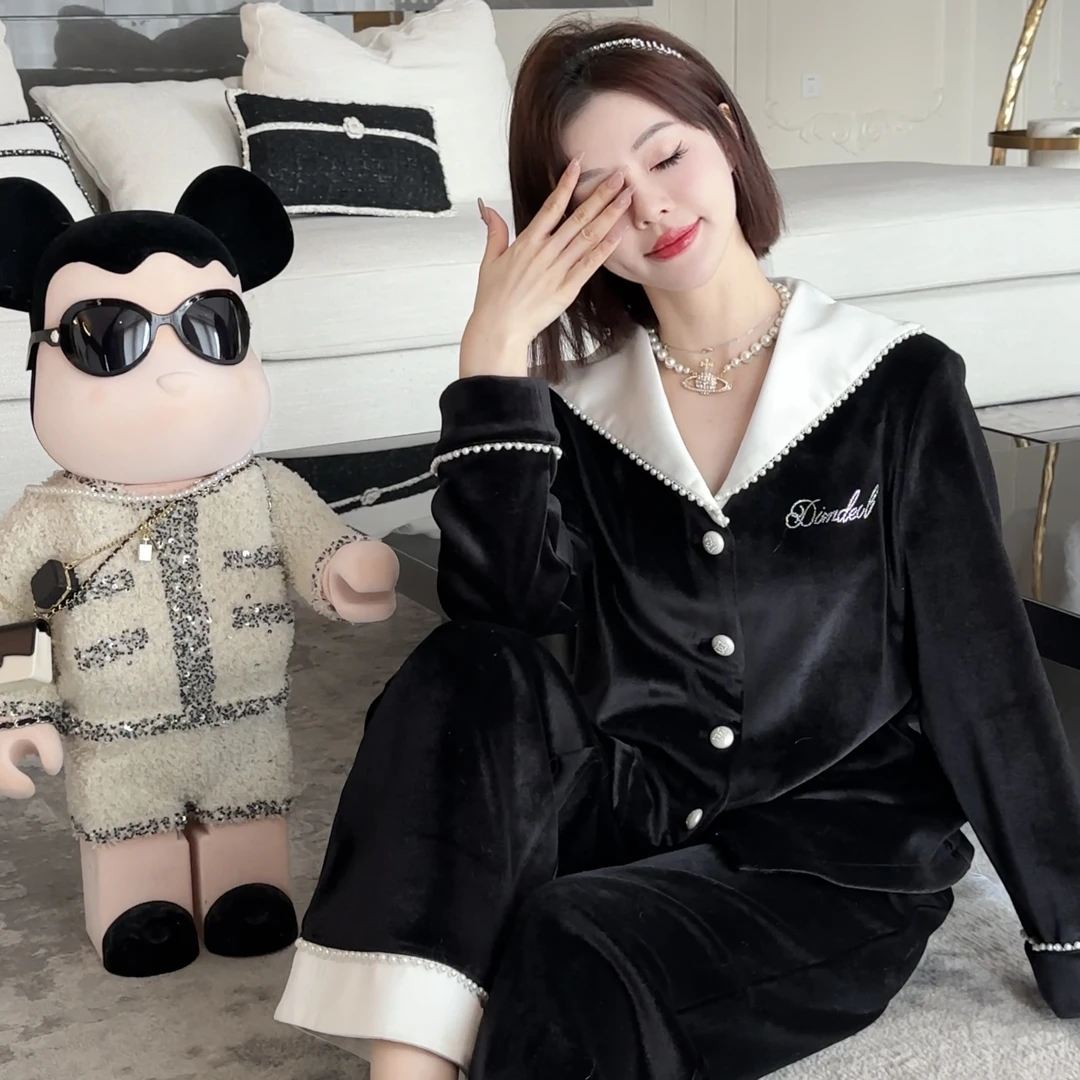 DIMDEVL/汀黛南法假日黑白拼接翻领丝绒法式家居服睡衣套装女秋冬