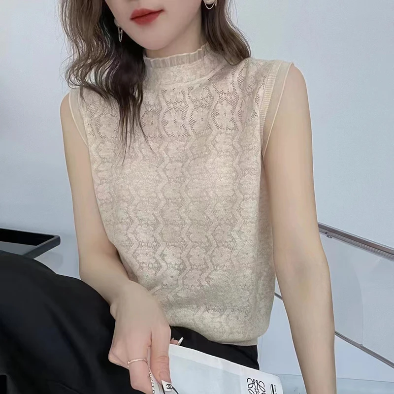 春夏新款无袖针织衫女蕾丝花边上衣套头薄款打底背心时尚镂空柔软