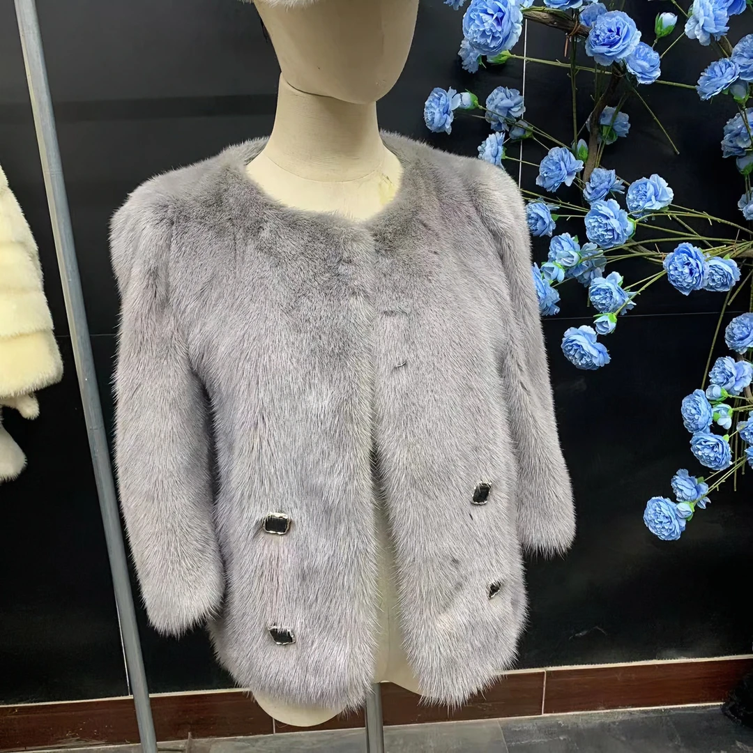 双十一阿丽皮草短款烟灰色圆领小香风时尚貂皮大衣冬季精选服装