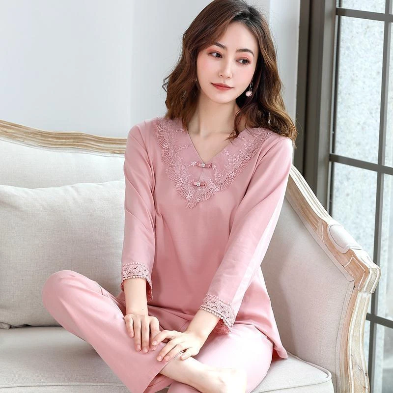 奢华睡衣女春秋莫代尔套装长袖薄款九分袖宽松夏季家居服可外穿女