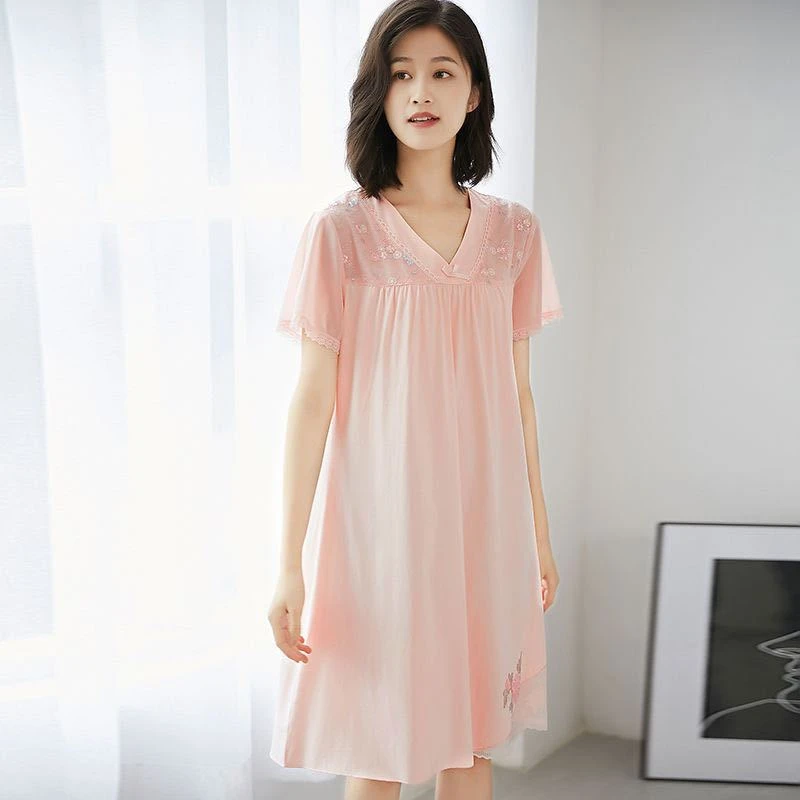 莫代尔睡裙高级感刺绣莫代尔夏季薄款大码家居服V领连衣裙