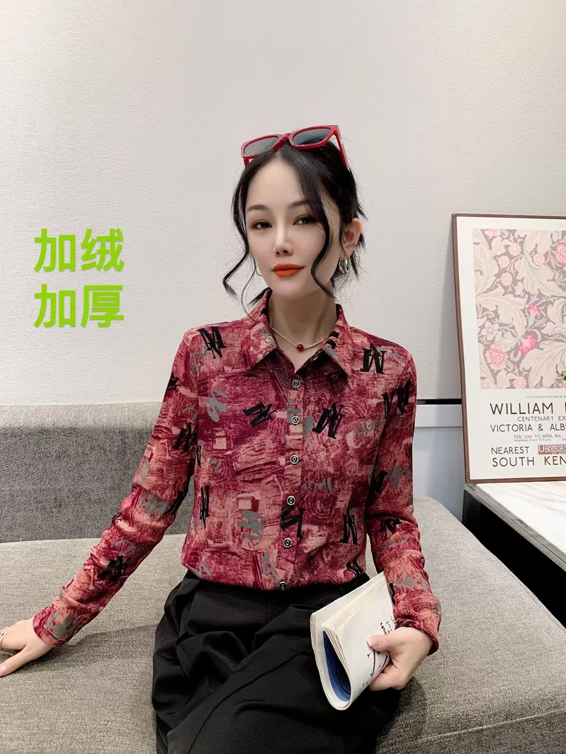 【露露原创】新款网纱加绒加厚衬衫上衣显瘦气质洋气时尚百搭