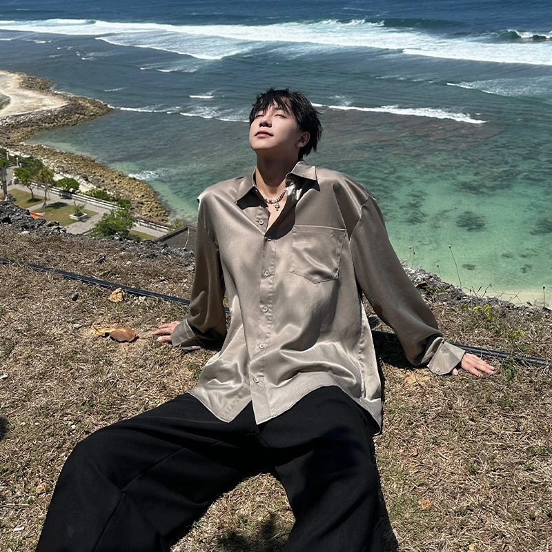 JKSPACE小众高级感垂感纯色缎面冰丝长袖衬衫男宽松简约衬衣潮