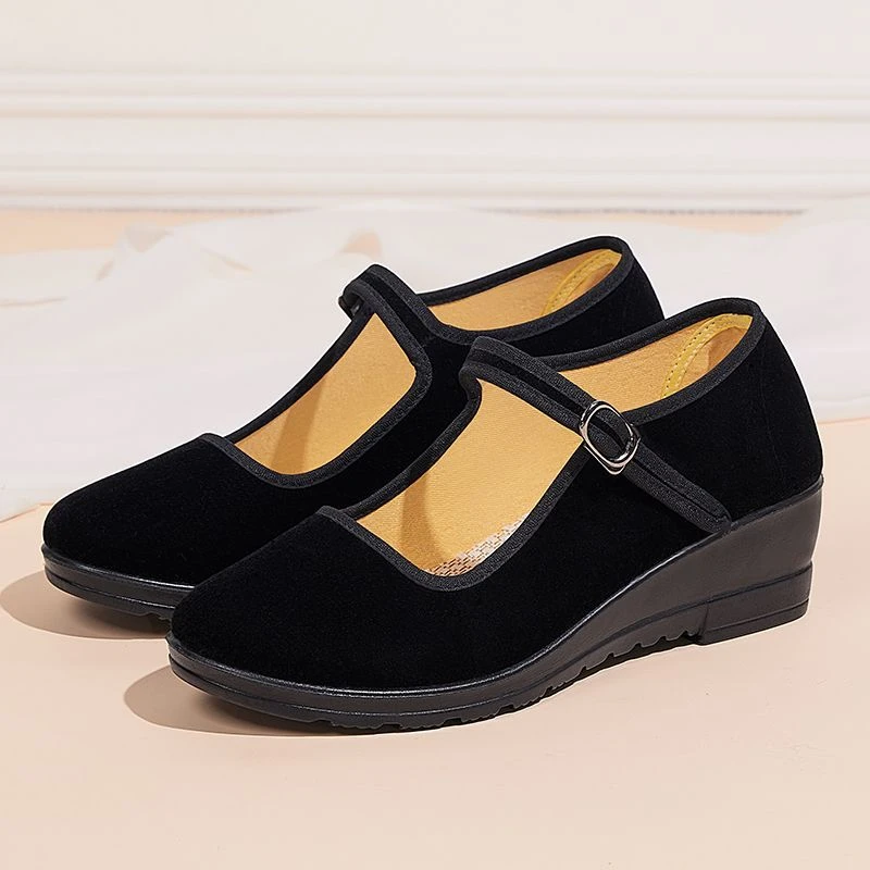 老北京布鞋女黑色坡跟上班工作鞋舒适防滑休闲礼仪鞋妈妈广场舞鞋
