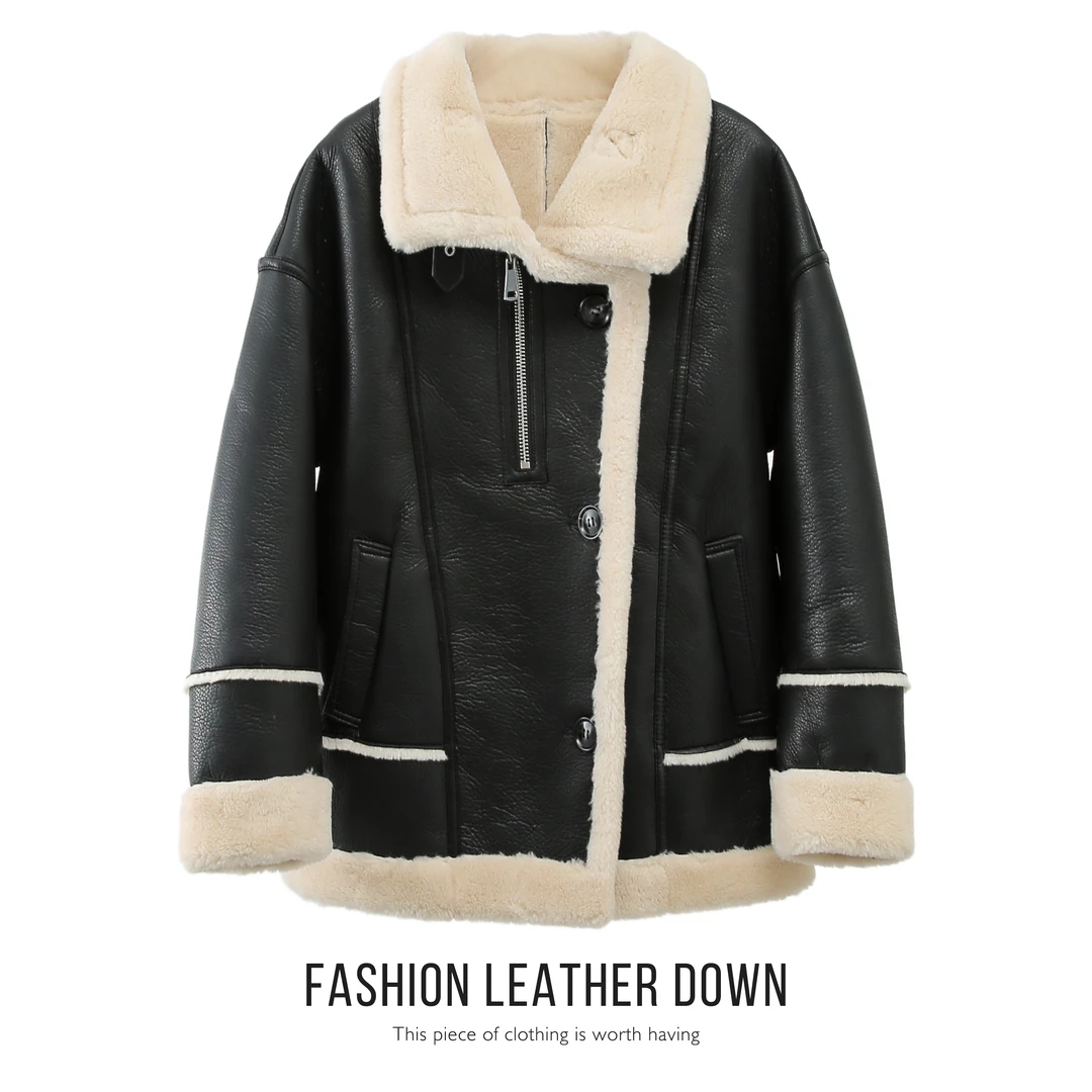 2023冬季海宁新款皮毛一体外套中长款女士加厚保暖外套时尚