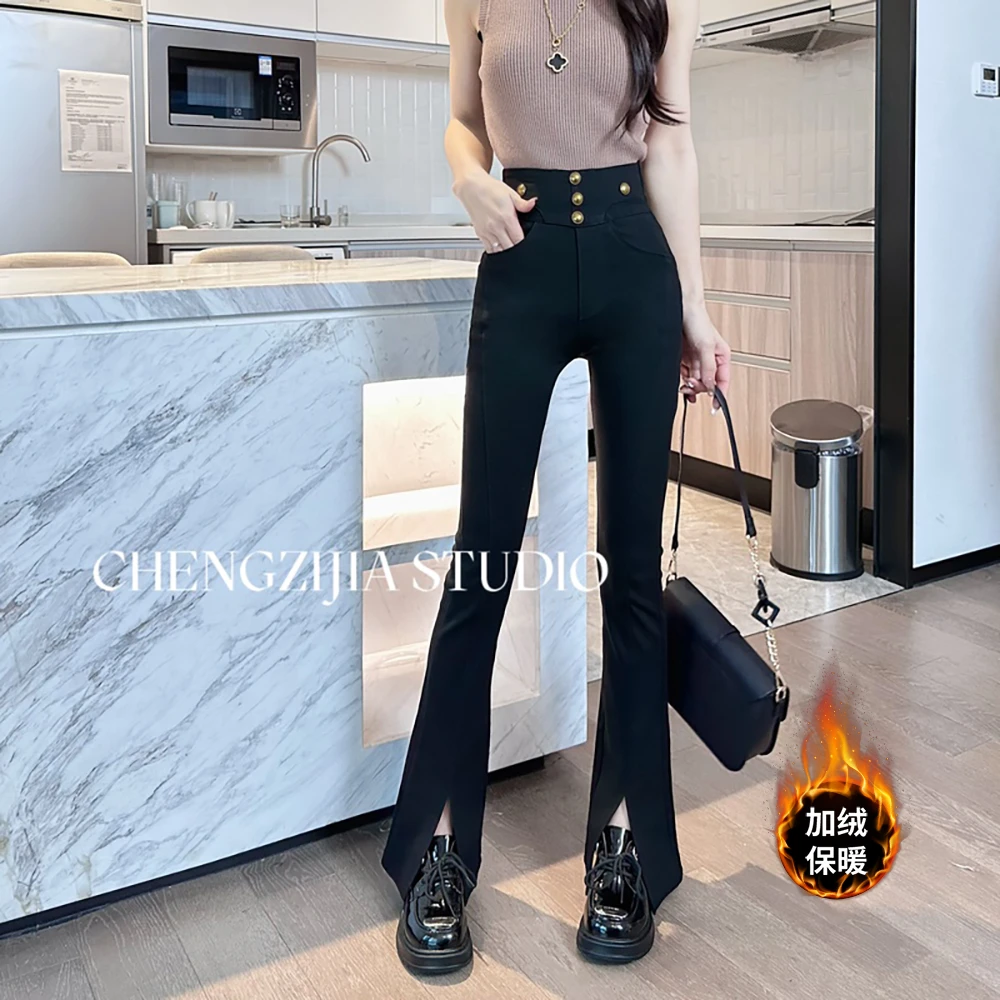 KZ0189显瘦开叉高腰喇叭裤小黑裤