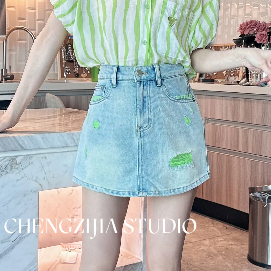 【裴诗婷】QZ0257破洞染色牛仔短裤05