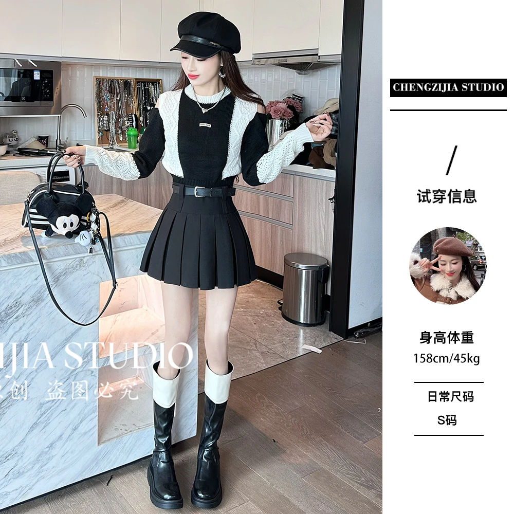 【裴诗婷】橙子·studio 【南港的秋】MY0562露肩拼色镂空毛衣