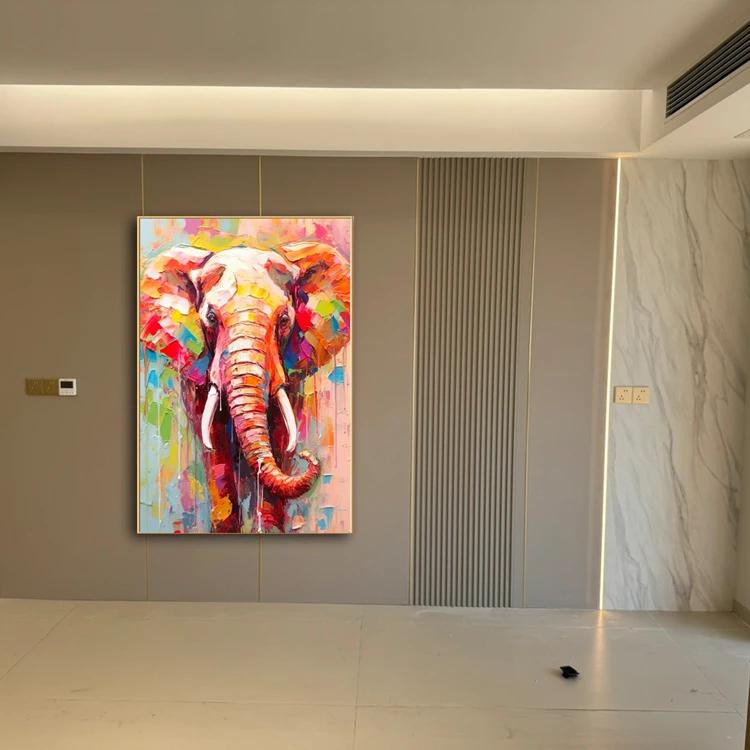 玄关装饰画吉祥大象客厅手绘壁画轻奢高档厚重感彩色油画入户挂画