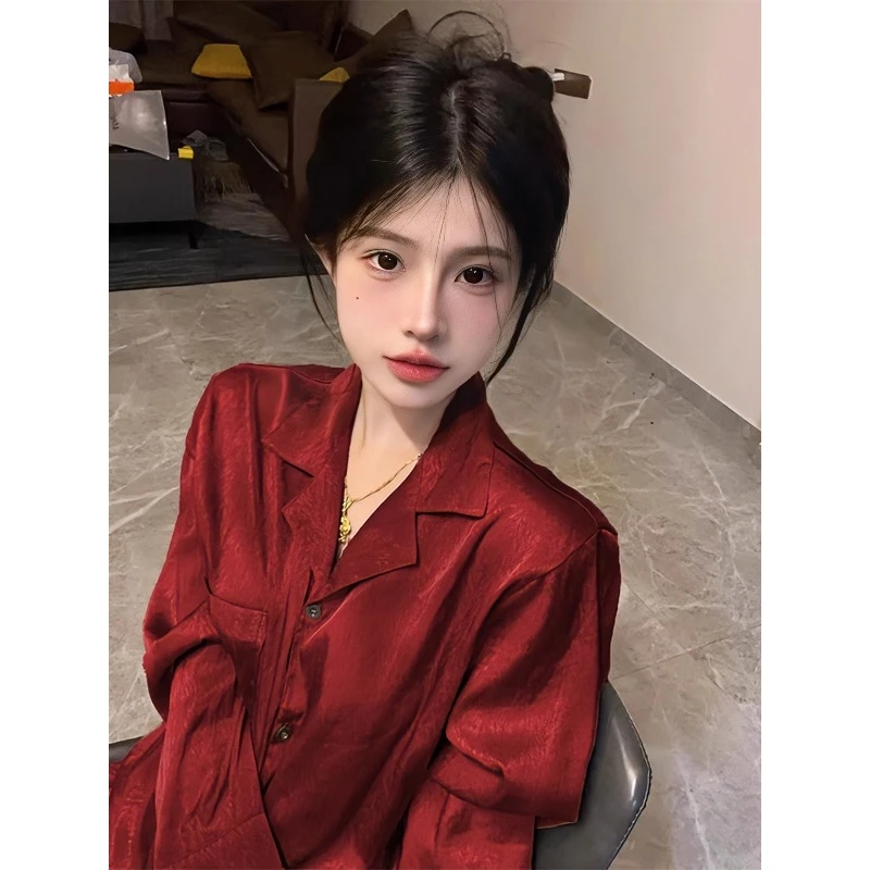 夏天韩版冰丝睡衣春秋女2025年缎面仿真丝红色长袖长裤家居服套装