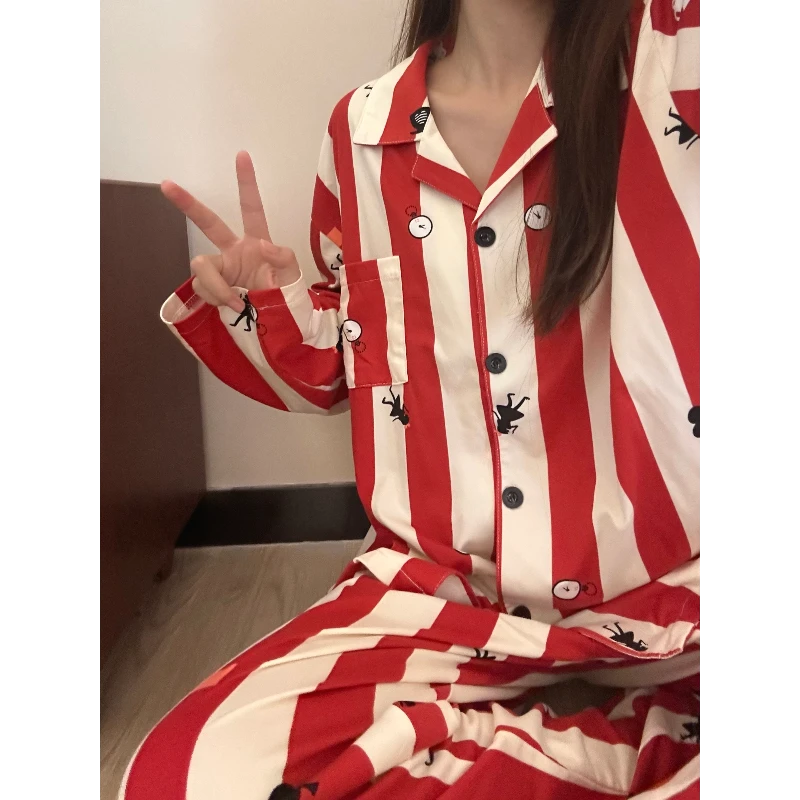 【扑克条纹】秋季长袖长裤条纹睡衣女套装宽松大码亲肤长款家居服