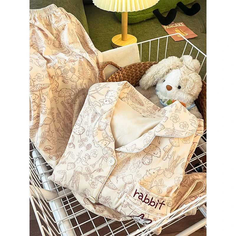 【兔子口袋】韩系可爱磨毛德夏季睡衣女加绒保暖搭子秋冬家居服套装