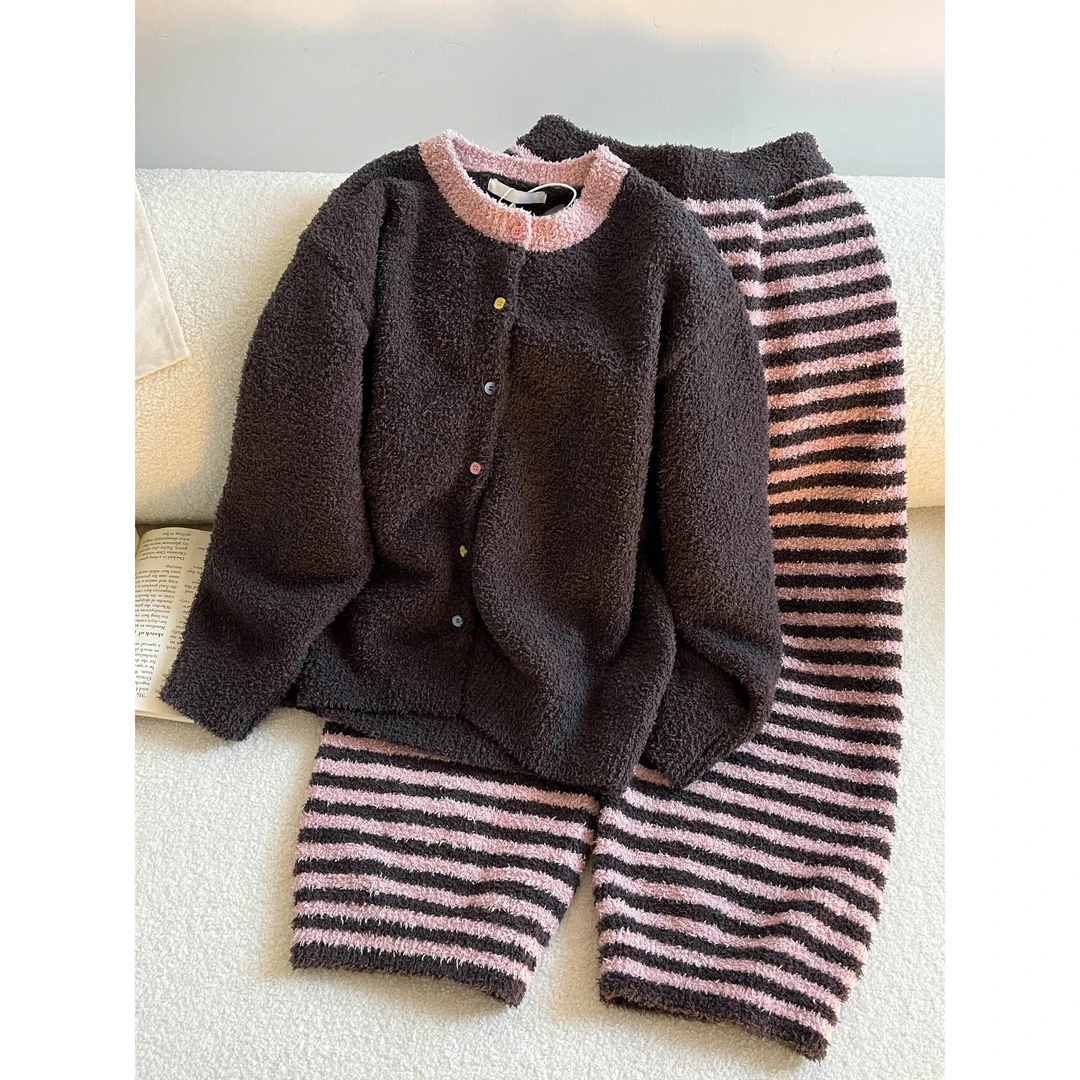 【美拉德针织】高级感半边绒睡衣女冬加绒甜美条纹韩版家居服套装