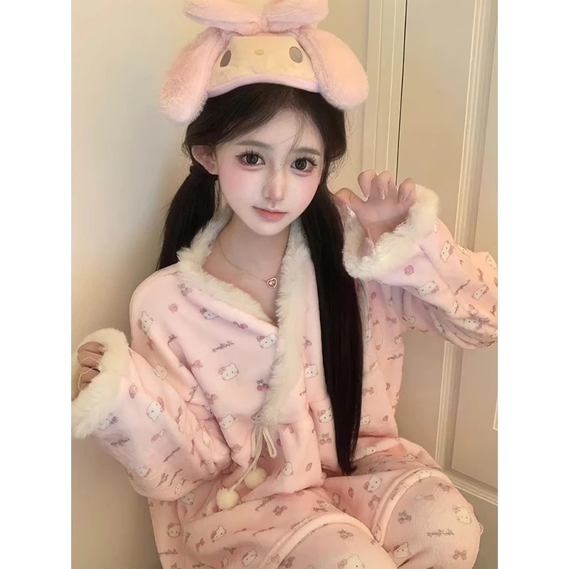 【甜妹Kitty猫】可爱咪软糯珊瑚绒睡衣女冬季2024加绒家居服套装