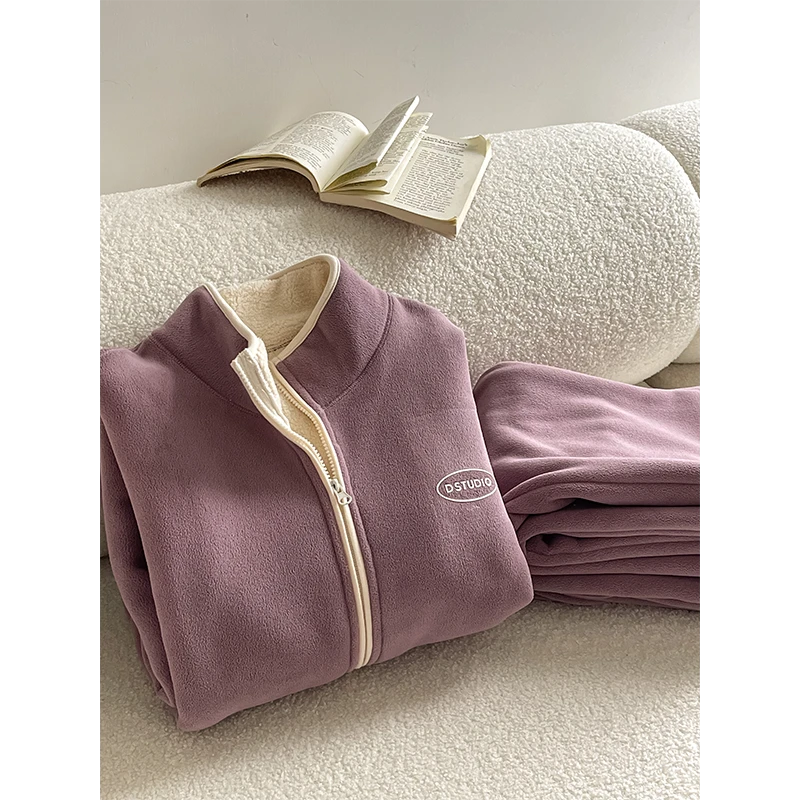 软糯亲肤珊瑚绒睡衣女冬天外穿加厚颗粒绒家居服加绒开衫长裤套装