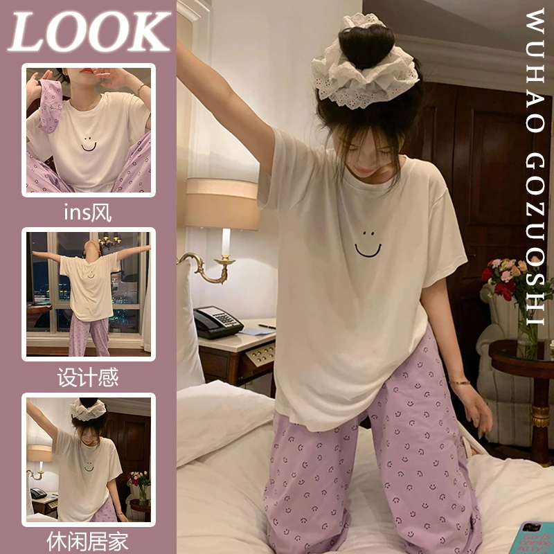 韩版甜美少女笑脸印花纯棉短袖睡衣女夏天宽松新款长裤家居服套装