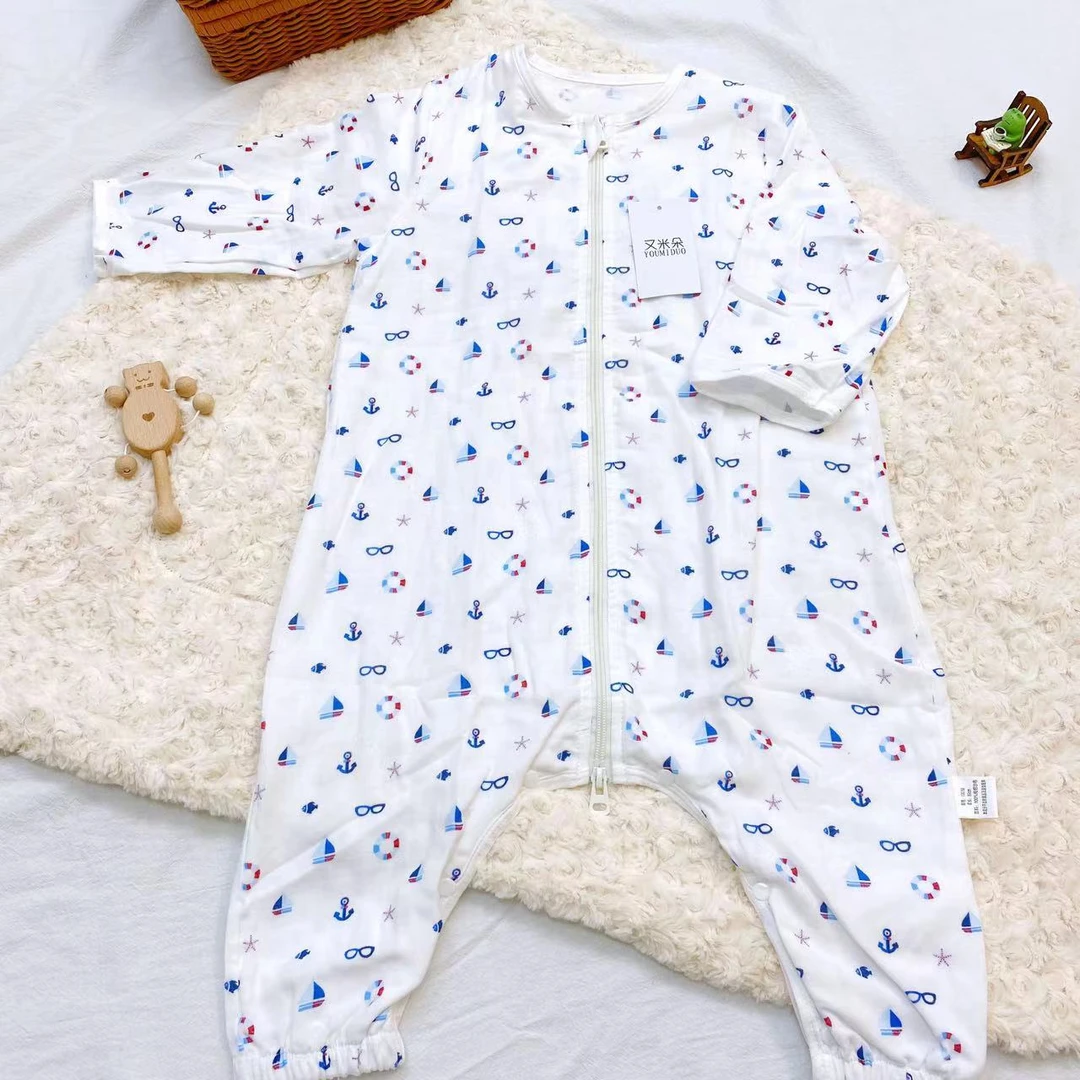 海军风【断码】纱布分腿睡袋前四后二薄款双层纱宝宝四季睡袋