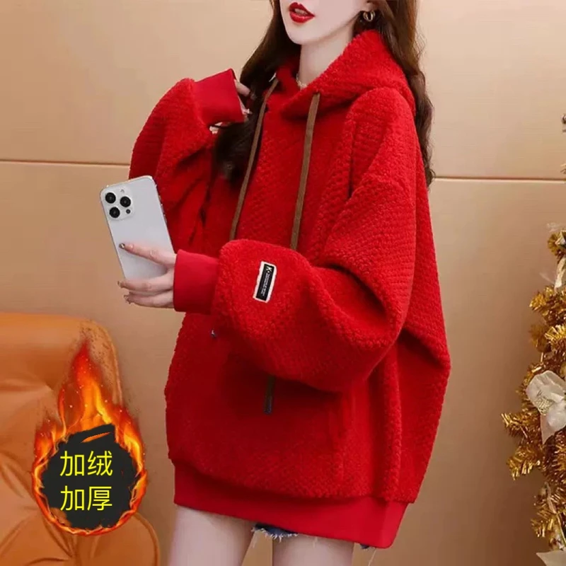 【冬季新款】 加绒加厚连帽卫衣  时尚洋气宽松大版慵懒风