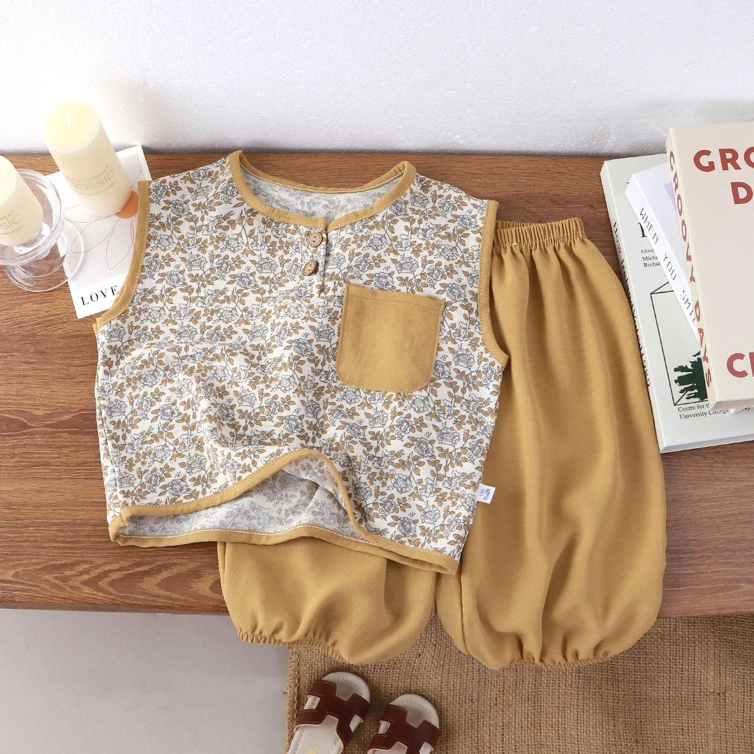 新中式夏季薄款儿童冰丝皱家居服男女宝宝洋气无袖背心束腿裤套装