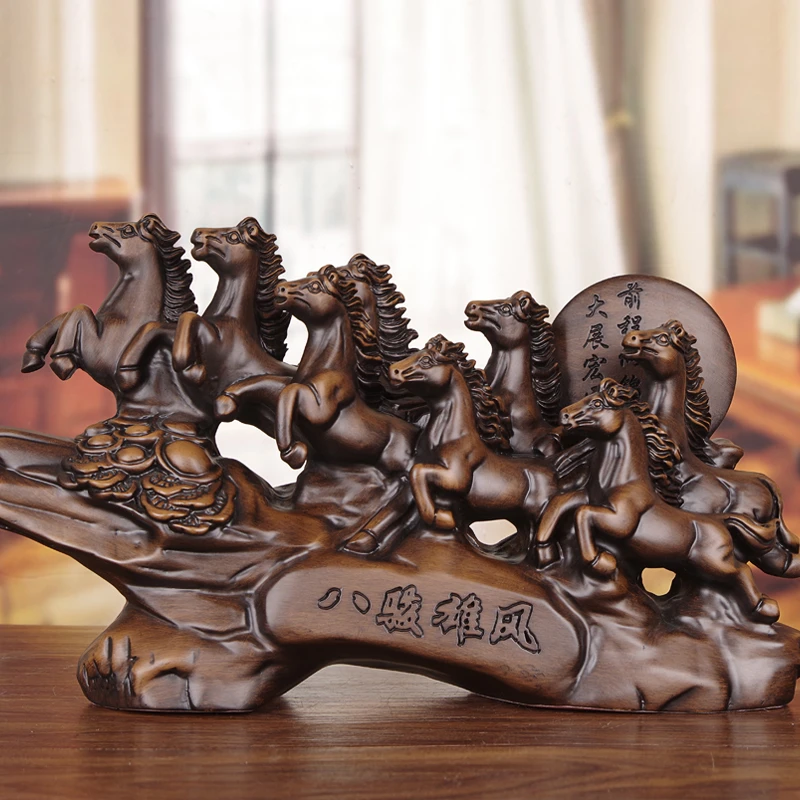 实木八骏马摆件办公桌大班台商务送礼品乔迁开业客厅马到成功摆饰