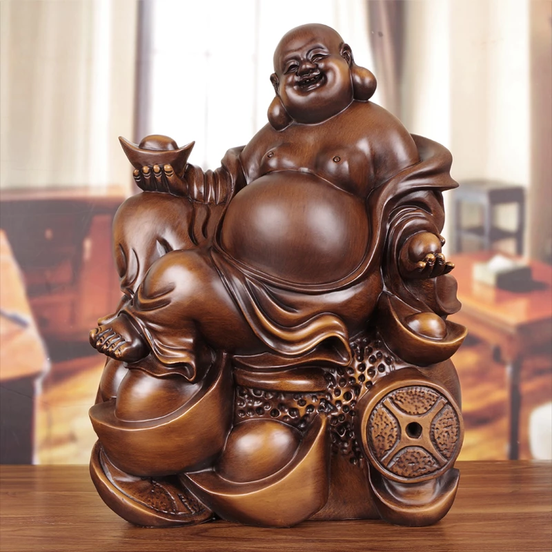 弥勒佛摆件实木雕刻中式元宝笑佛像雕塑店铺公司开业前台收银摆设