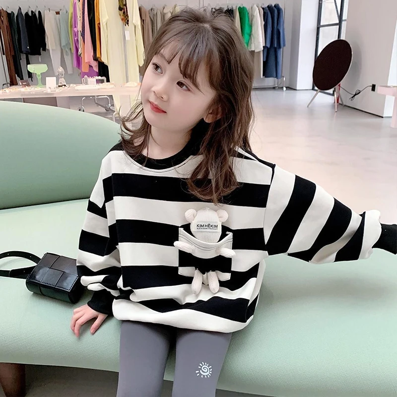 女童条纹卫衣秋装2023春秋小女孩洋气小熊中长款打底衫儿童衣服潮