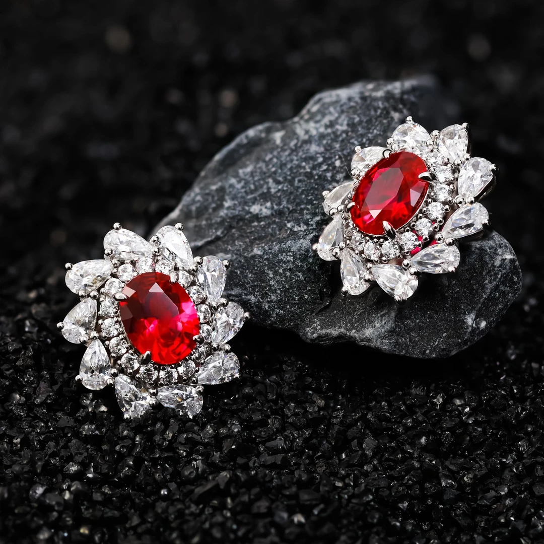 培育红宝石BLINGEM鸽血红红宝石耳钉丙丁珠宝