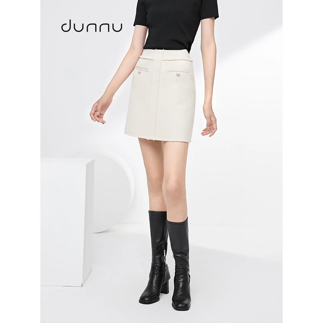 dunnu敦奴商场同款时尚休闲显瘦毛边拼接小香风淑女通勤半身裙女