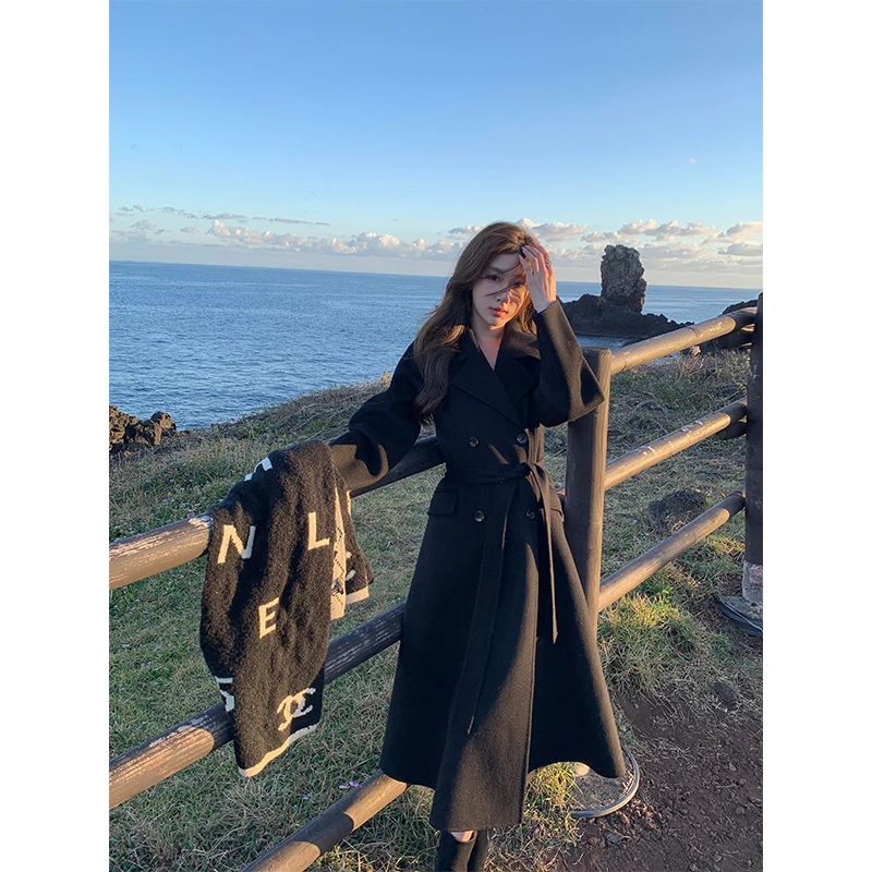 ACHI大也池黑色100羊毛双面呢外套翻领腰带H型双排扣口袋羊绒大衣