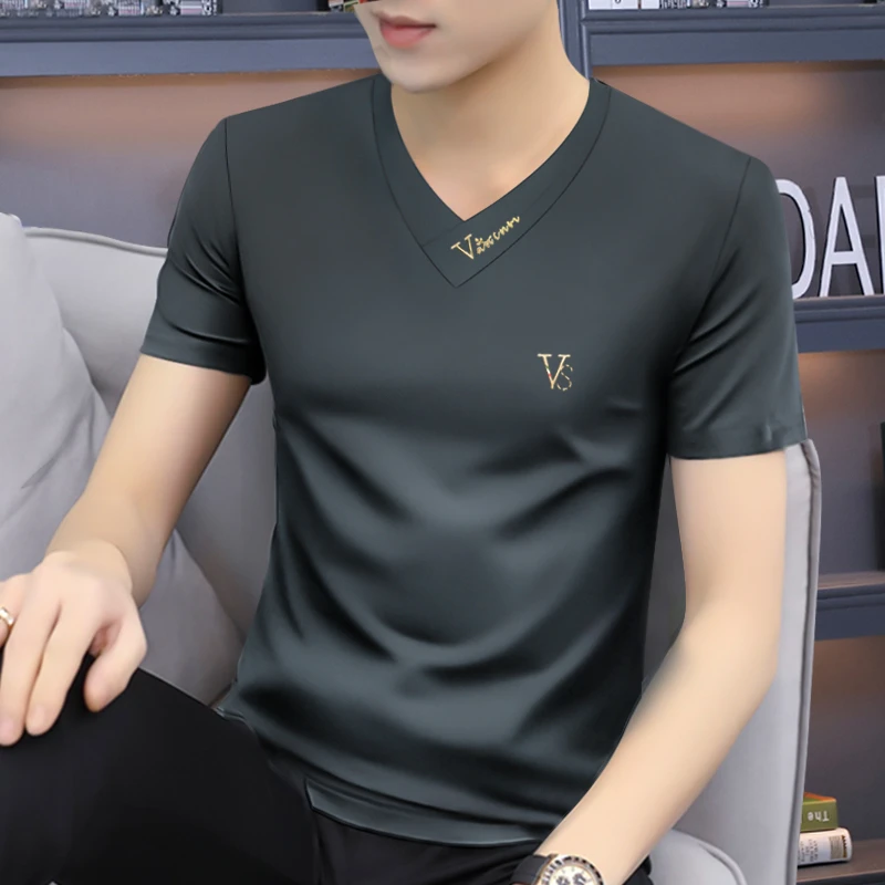 2026夏季新款男士修身短袖t恤莫代尔中年半截袖T恤上衣百搭半袖