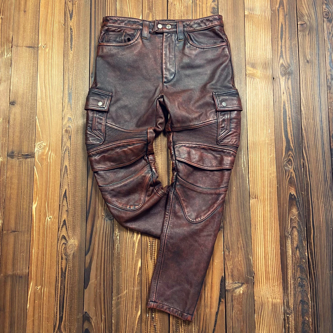 重工水洗石磨街头男真皮牛皮机车服阿美咔叽复古做旧猎装骑摩托裤