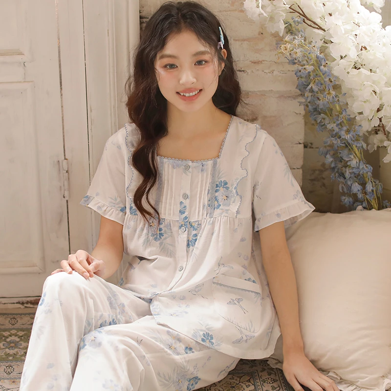 春夏纯棉女士睡衣宽松薄款小方领印染碎花短袖长裤家居服
