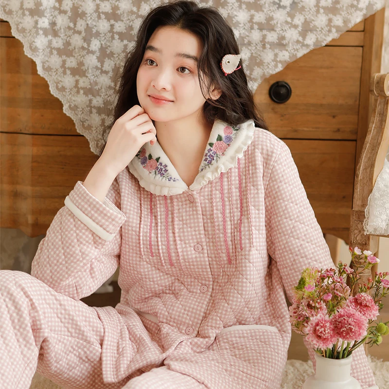 【笙箫】秋冬女士加厚纯棉空气层睡衣精美刺绣长袖长裤家居服套装