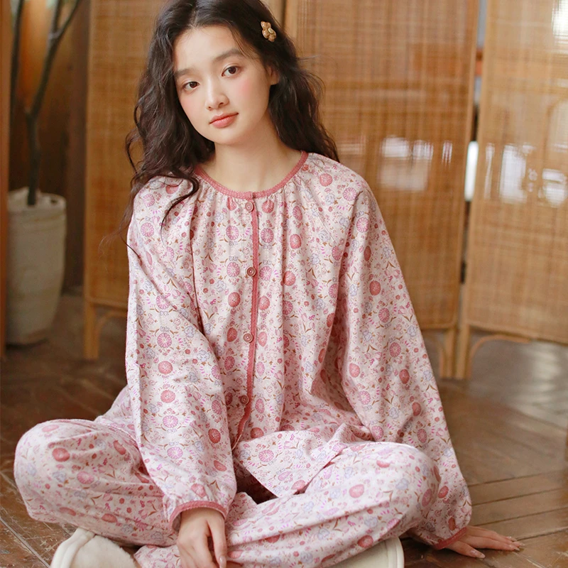 秋冬纯棉女士磨毛睡衣圆领宽松套装甜美碎花长袖长裤带口袋家居服