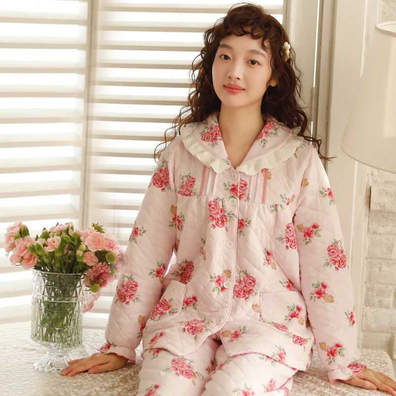 【花槿】秋冬纯棉女士睡衣加厚空气棉保暖宽松长袖长裤家居服套装