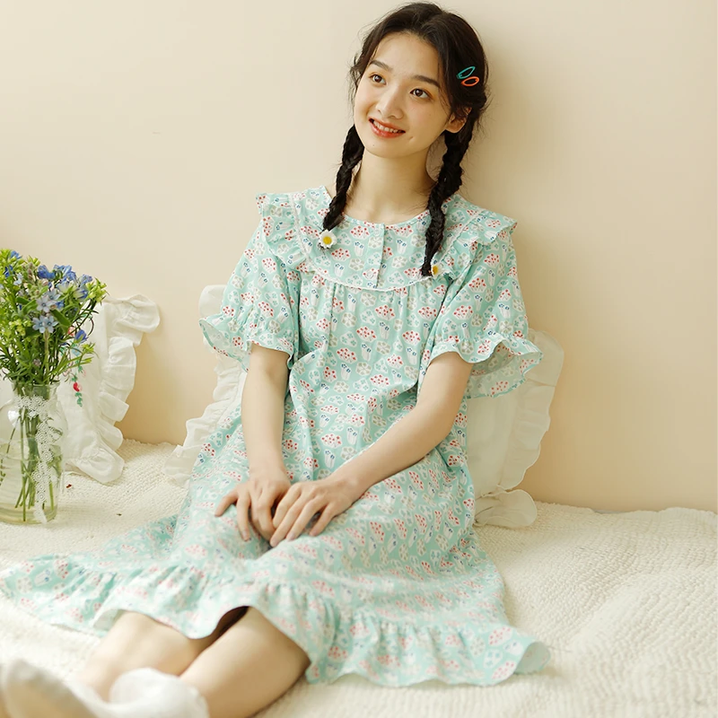 【花凌】春夏女士纯棉纱布宽松小清新睡裙印花碎花短袖睡裙可外穿